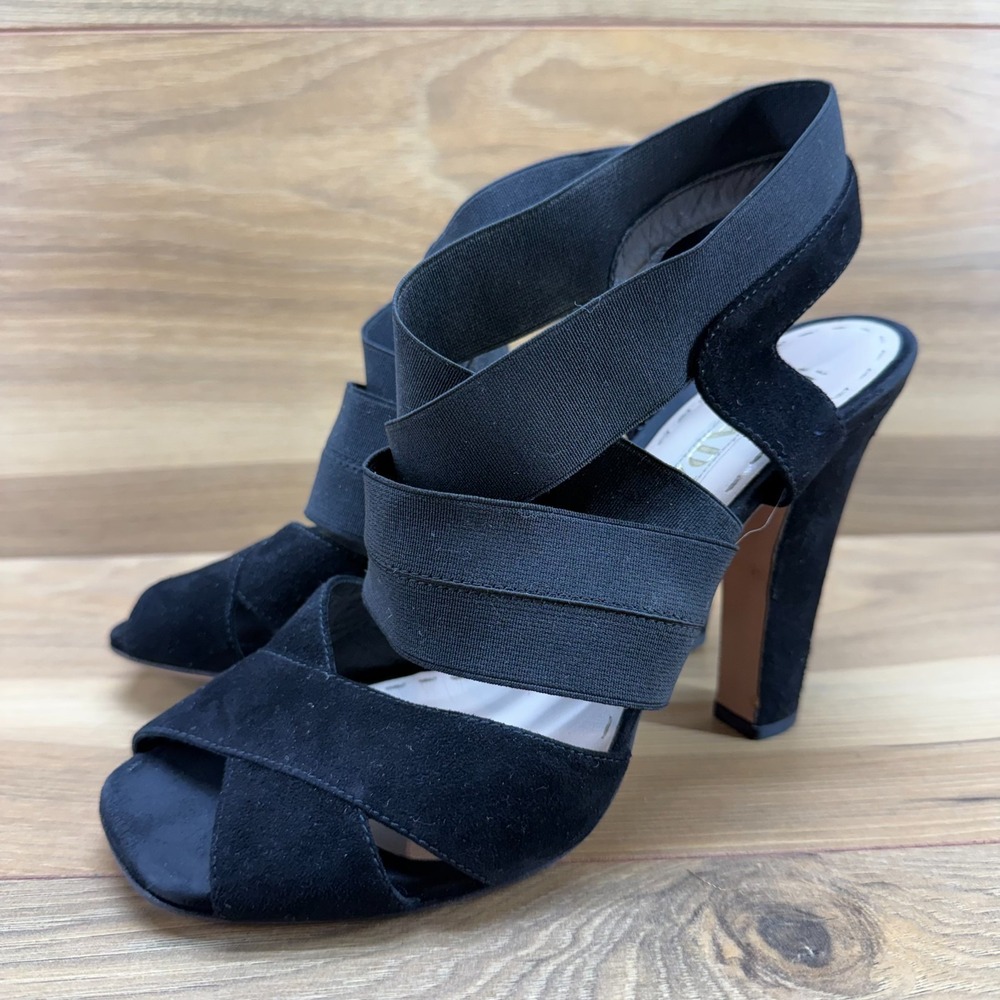 PRADA Strappy Heels Square Toe 7 EU 37‎ Black Suede Stretch Sandals